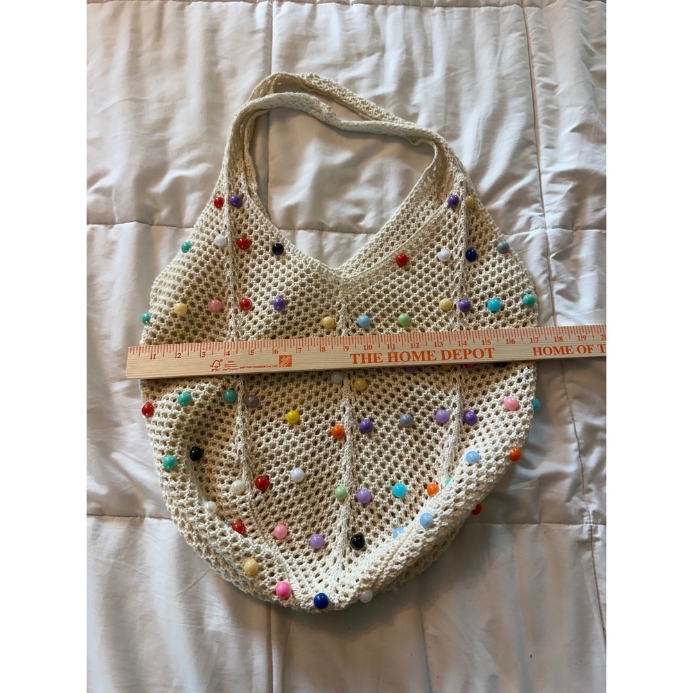 Boho Crochet Net Tote Bag Cream Off White Multi Color Beaded Market Bag Summer - Picture 4 of 5